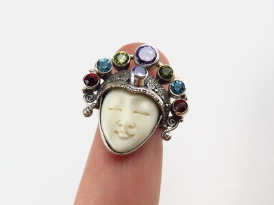 Sterling Silver, Mixed Gemstone, Carved Face, Goddess Ring GJ-116
