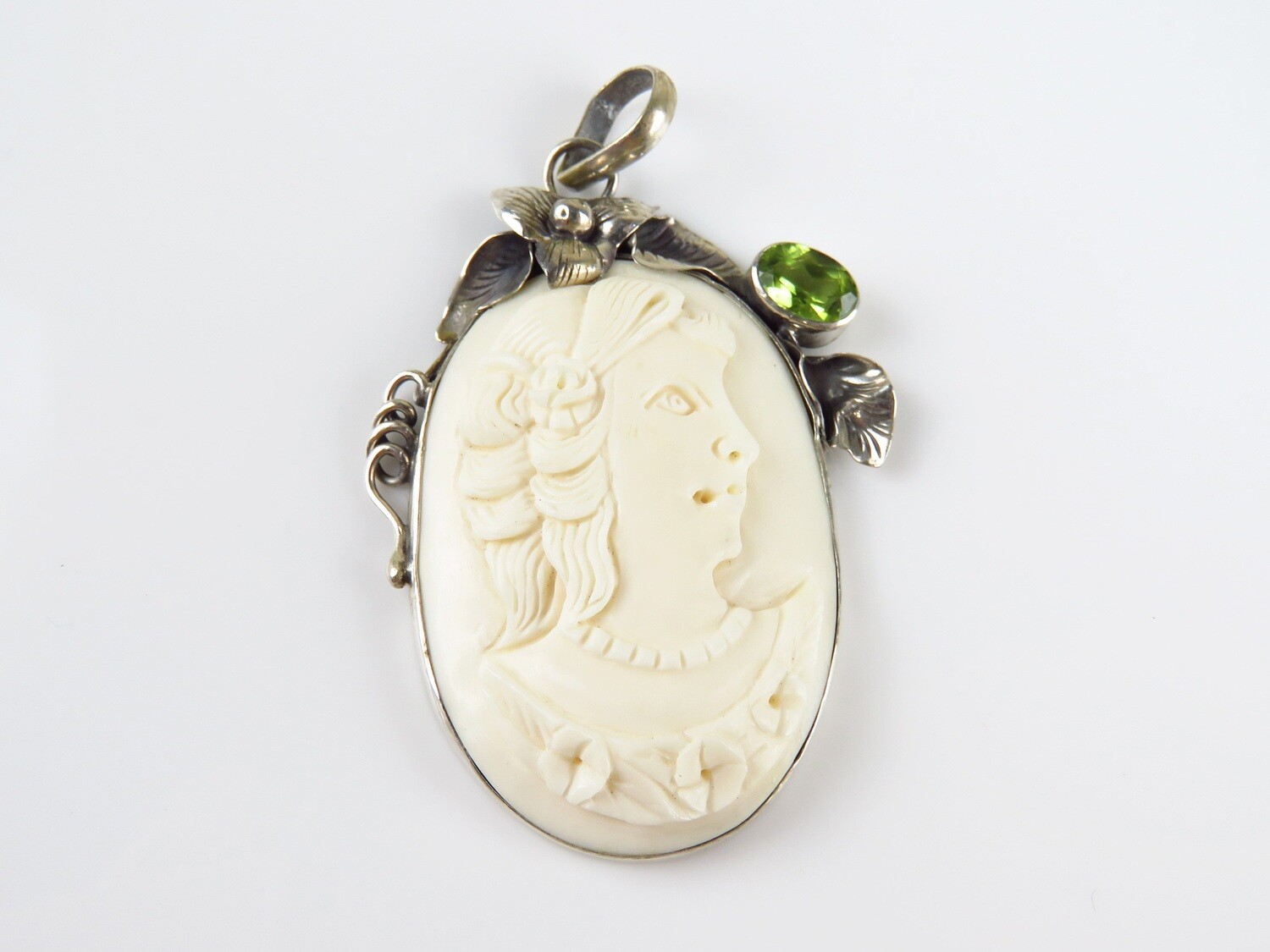 Sterling Silver, Carved Ox Bone, Peridot, Cameo Pendant BP-104