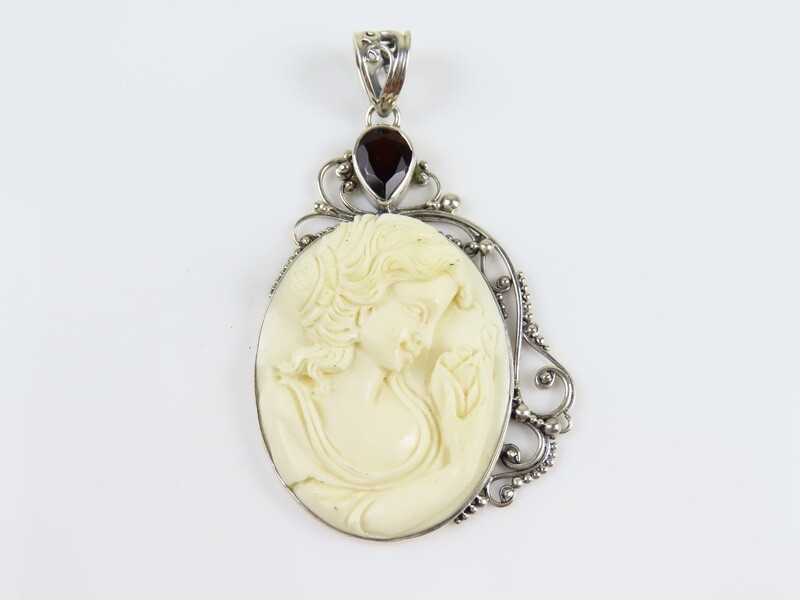 Sterling Silver, Carved Face, Garnet Cameo Pendant BP-106