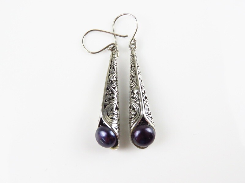 Sterling Silver, Pearl, Filigree, Gemstone Earrings ER-1125