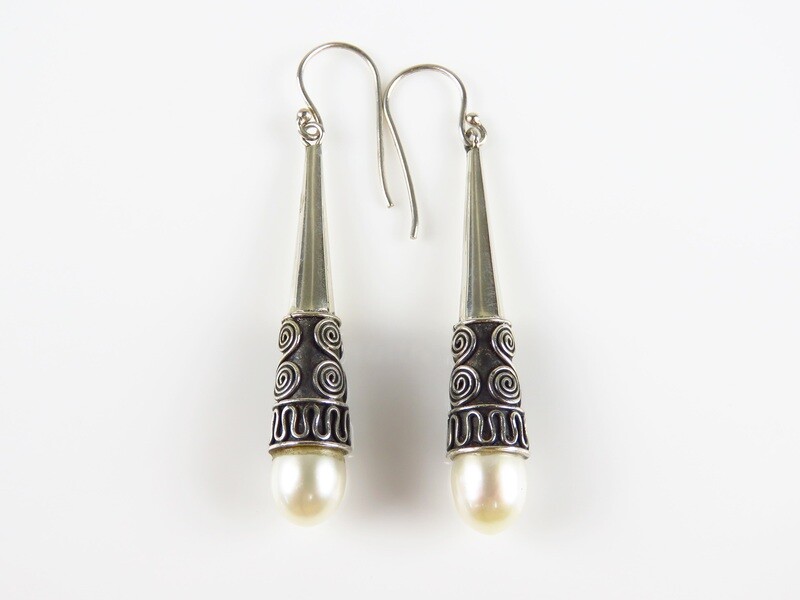 Sterling Silver, Mabe Pearl, Bali Swirls, Gemstone Earrings ER-1127