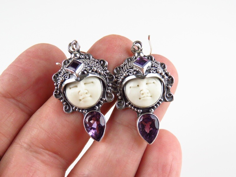 Sterling Silver, Carved Face, Amethyst, Goddess Earrings