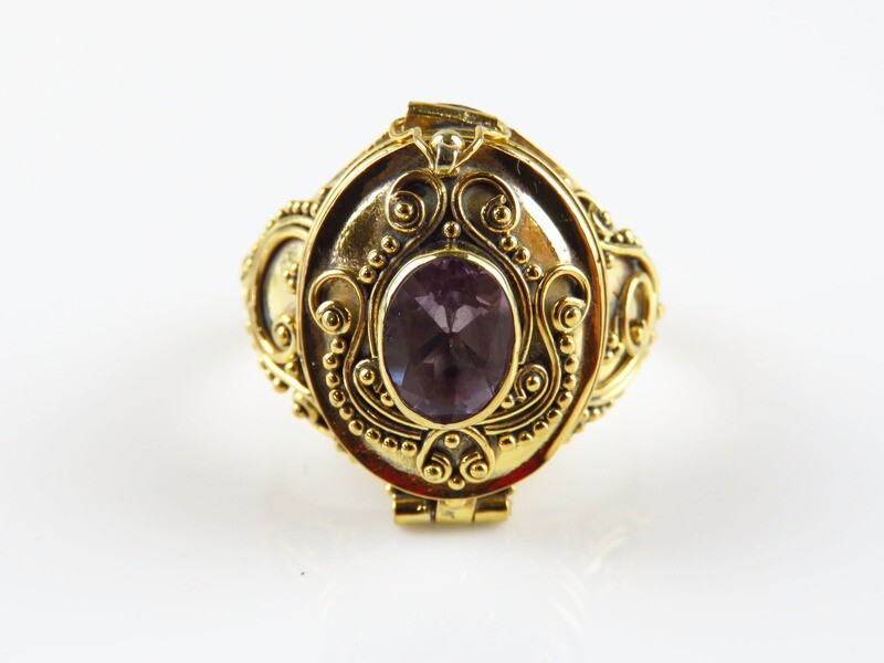 Sterling Silver, 18k Gold Plated, Amethyst Gemstone, Locket Ring