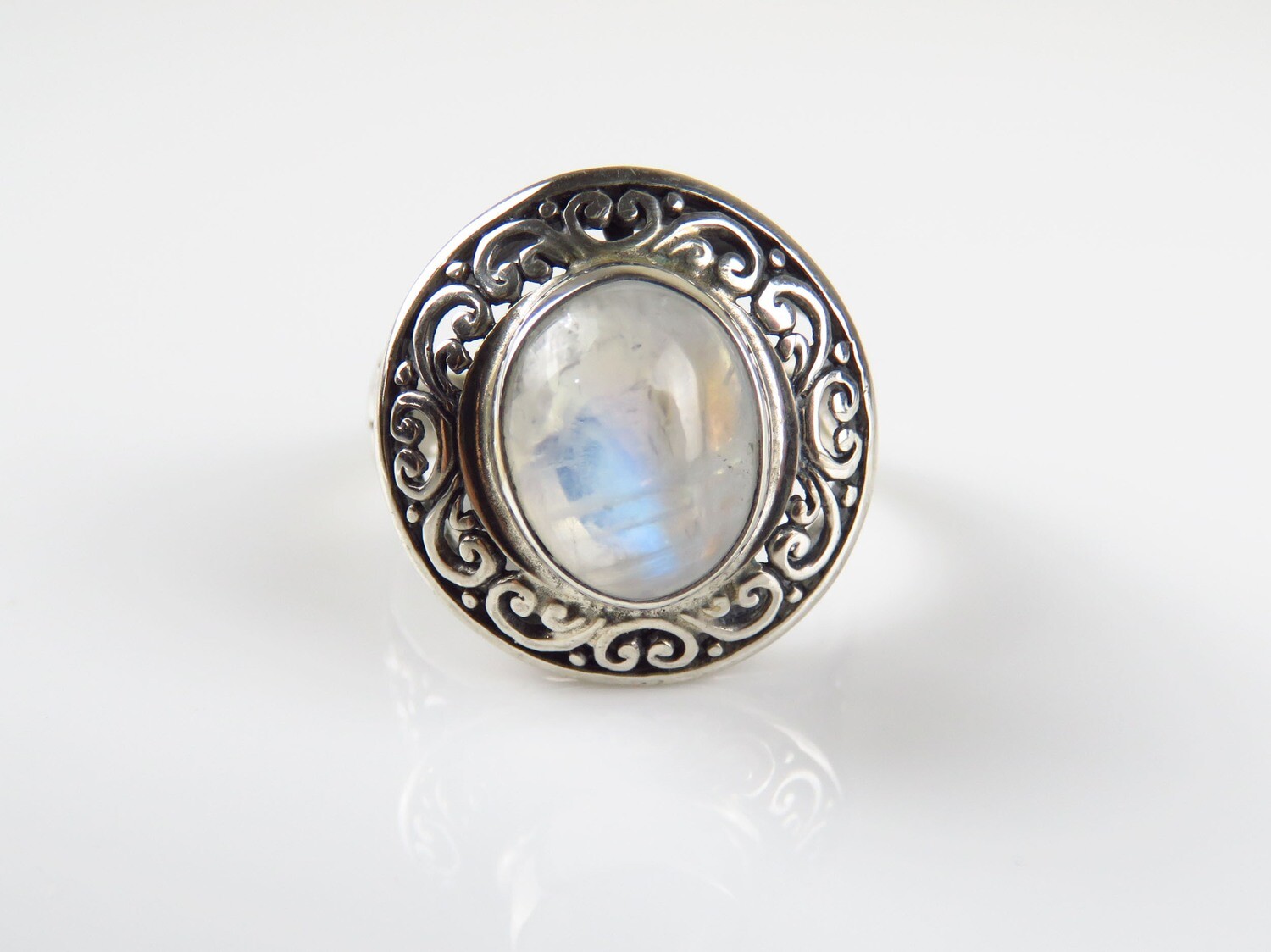 Sterling Silver, Rainbow Moonstone, Flower, Gemstone Ring
