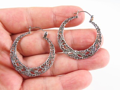 Sterling Silver, Filigree Design, Silver Hoop Earrings