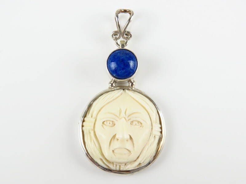 Sterling Silver, Carved Bone Face, Lapis Pendant