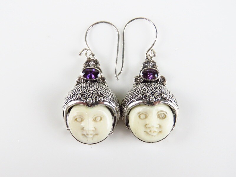 Sterling Silver, Carved Face, Amethyst Gemstone, Goddess Earrings