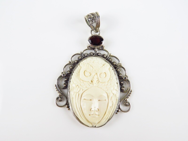 Sterling Silver, Carved Bone, Garnet, Owl Pendant