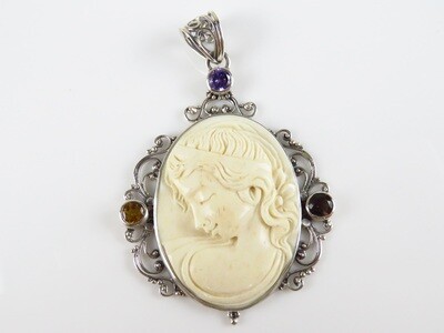 Sterling Silver, Carved Bone, Mixed Gemstone, Cameo Pendant