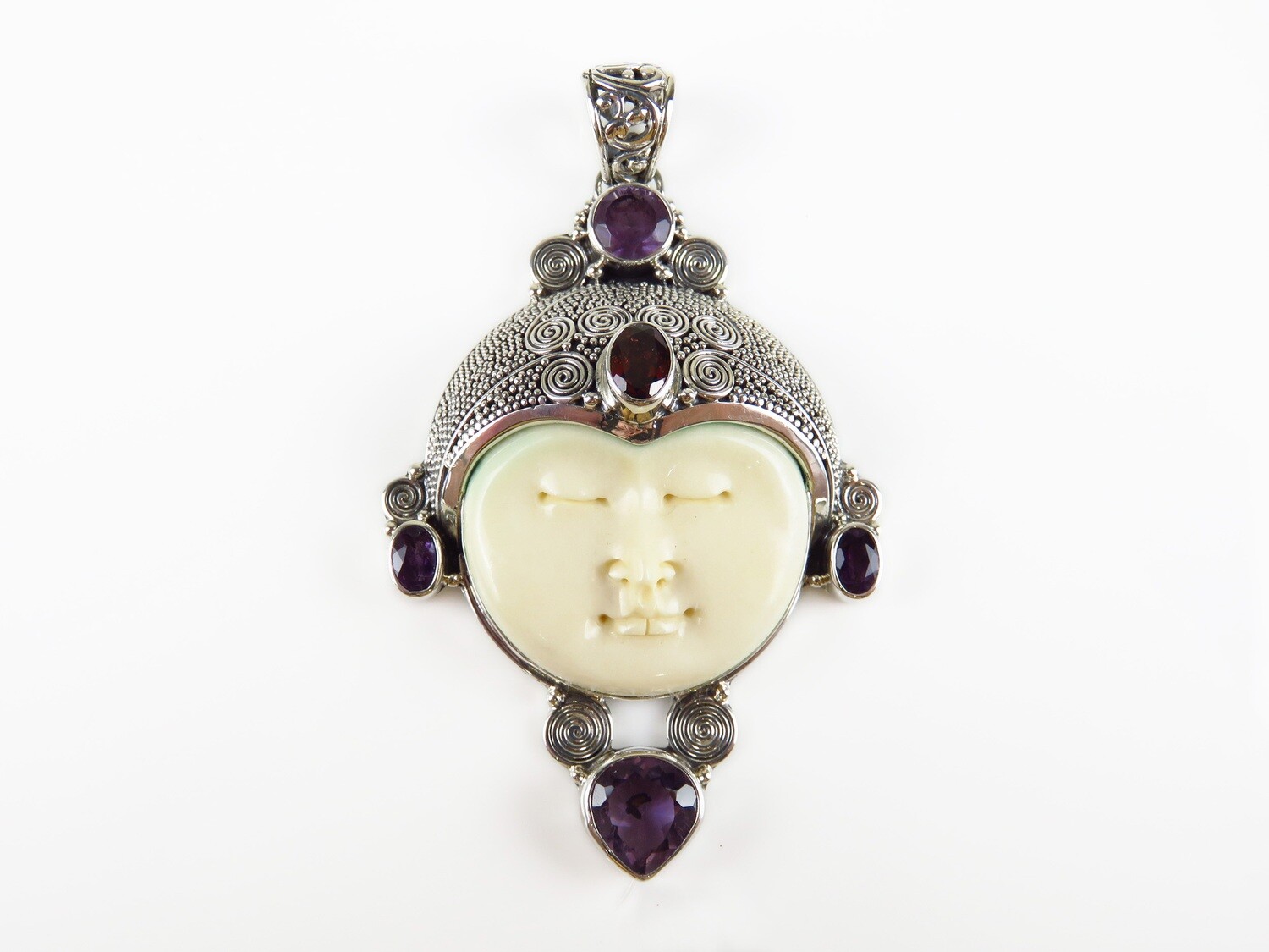 Sterling Silver, Carved Face, Amethyst, Garnet, Goddess Pendant