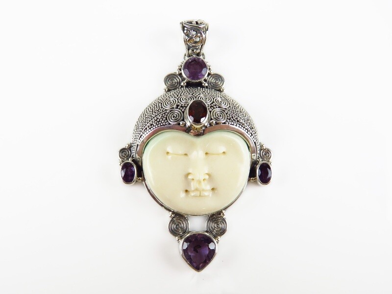 Sterling Silver, Carved Face, Amethyst, Garnet, Goddess Pendant