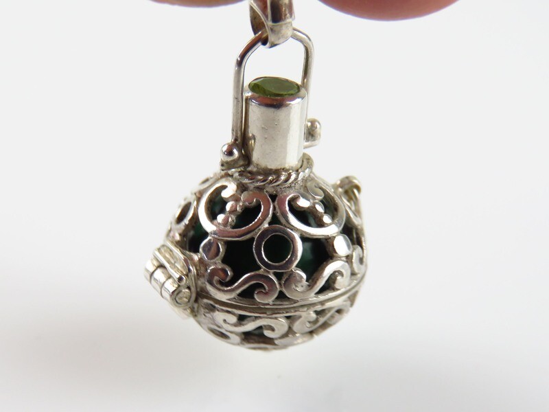 Sterling Silver, Peridot Gemstone, Harmony Ball, Cage Pendant