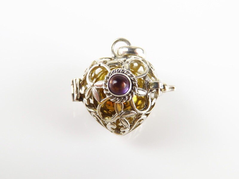 Sterling Silver, Amethyst Gemstone, Heart Shape, Harmony Ball Pendant