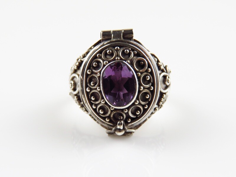 Sterling Silver, Amethyst Gemstone, Bali, Locket Ring