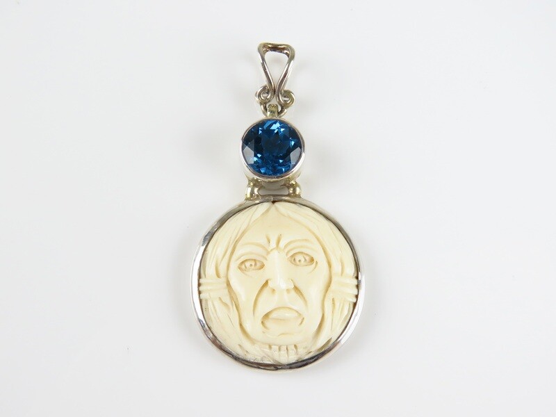 Sterling Silver, Carved Bone, Blue Topaz, Face Pendant