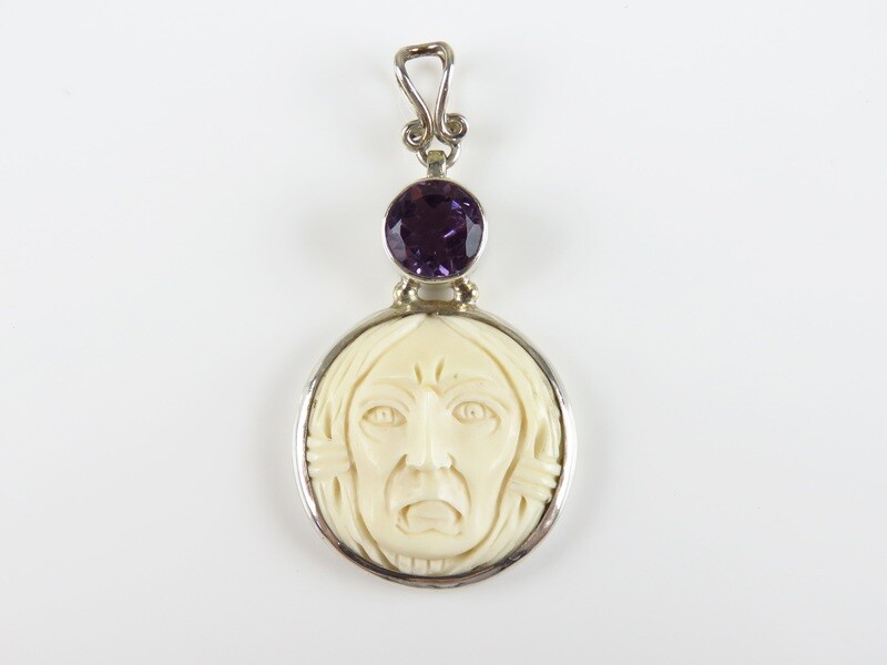 Sterling Silver, Carved Ox Bone, Amethyst Gemstone, Face Pendant