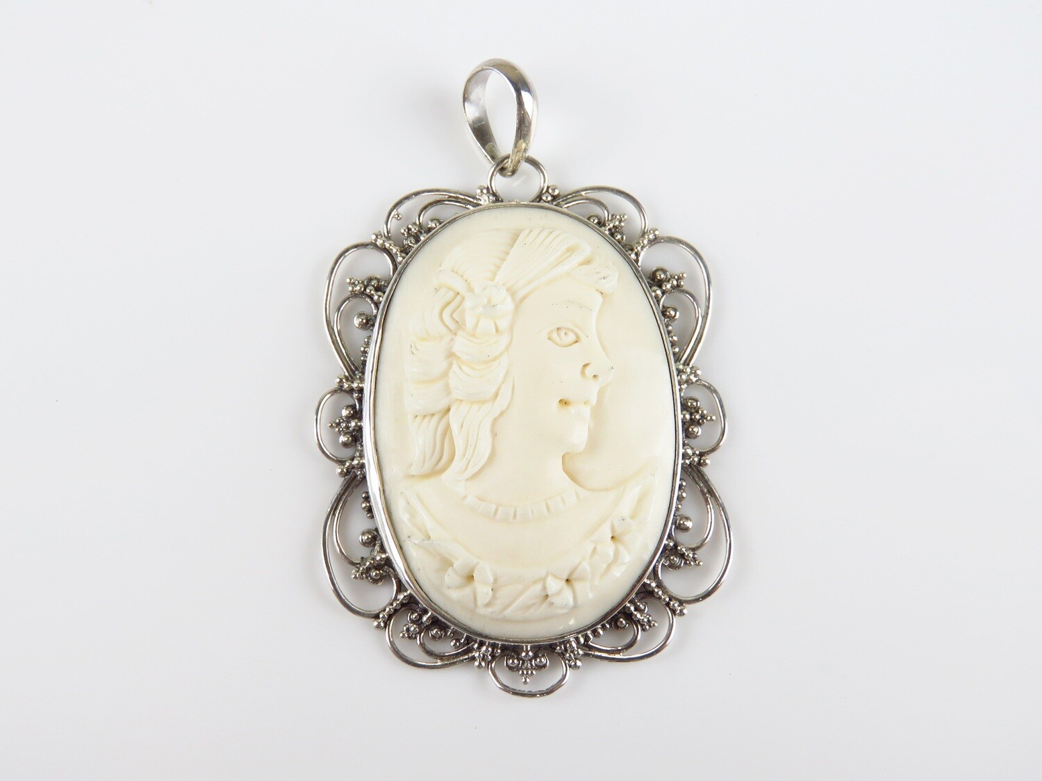 Sterling Silver, Carved Ox Bone, Cameo Pendant