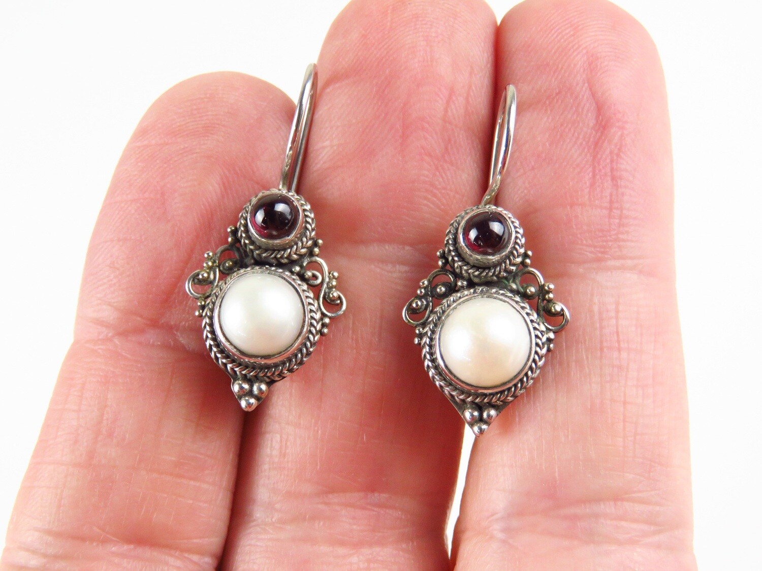 Sterling Silver, Mabe Pearl, Garnet, Gemstone Earrings