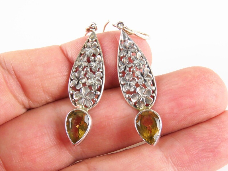Sterling Silver, Citrine Gemstone, Floral Design, Frangipani Earrings