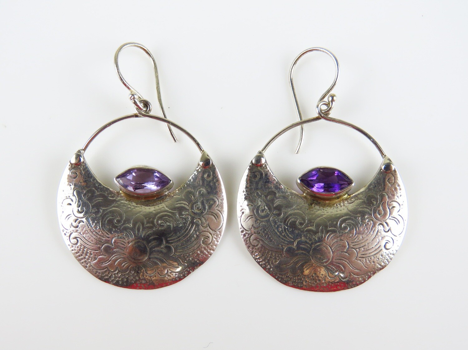 Sterling Silver, Amethyst, Floral Pattern, Gemstone Earrings