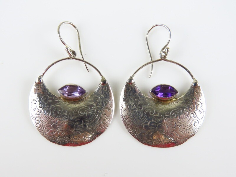 Sterling Silver, Amethyst, Floral Pattern, Gemstone Earrings