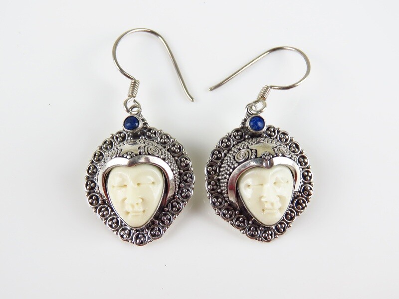 Sterling Silver, Carved Face, Lapis Gemstone, Goddess Earrings
