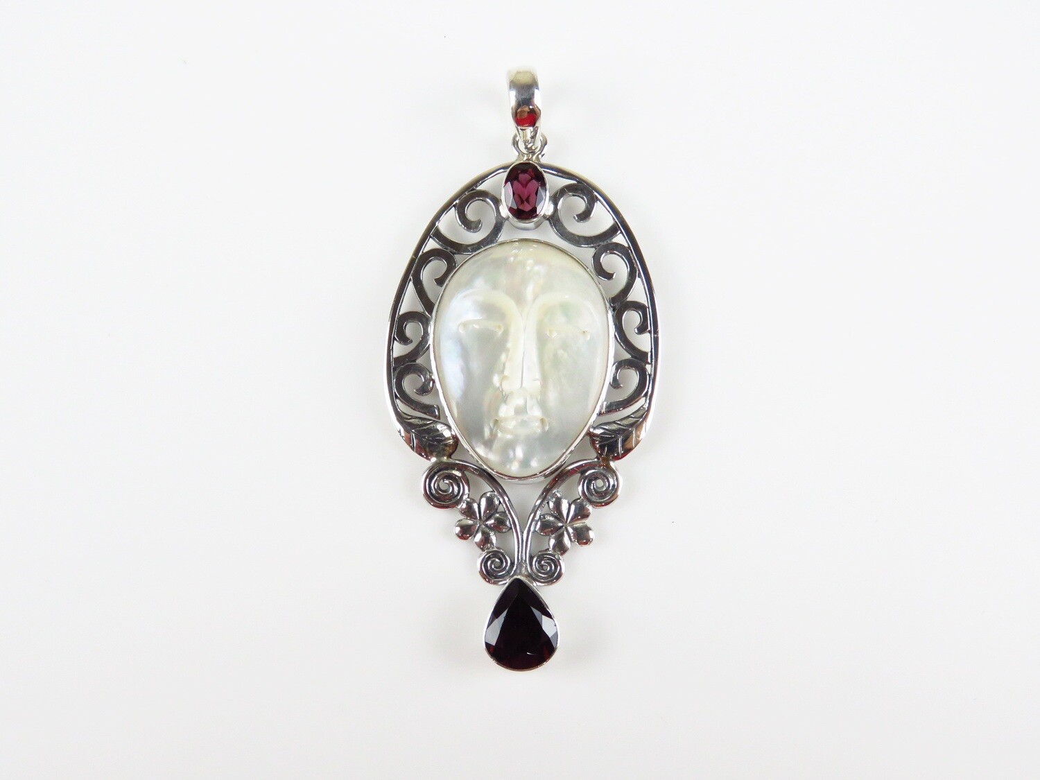 Sterling Silver, Carved Shell, Garnet Gemstone, Goddess Pendant
