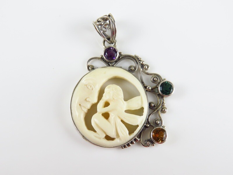 Sterling Silver, Carved Face, Fairy and Half Moon Pendant