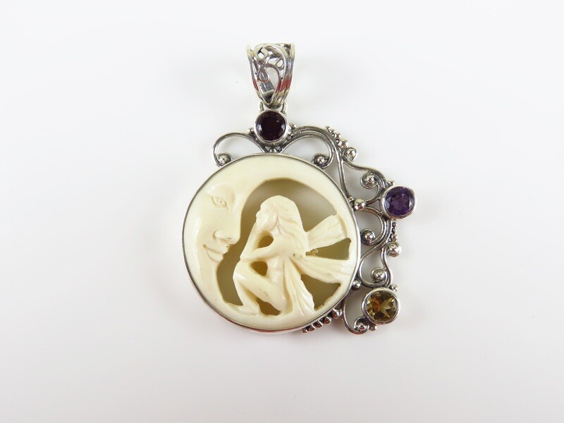 Sterling Silver, Carved, Fairy and Half Moon Pendant