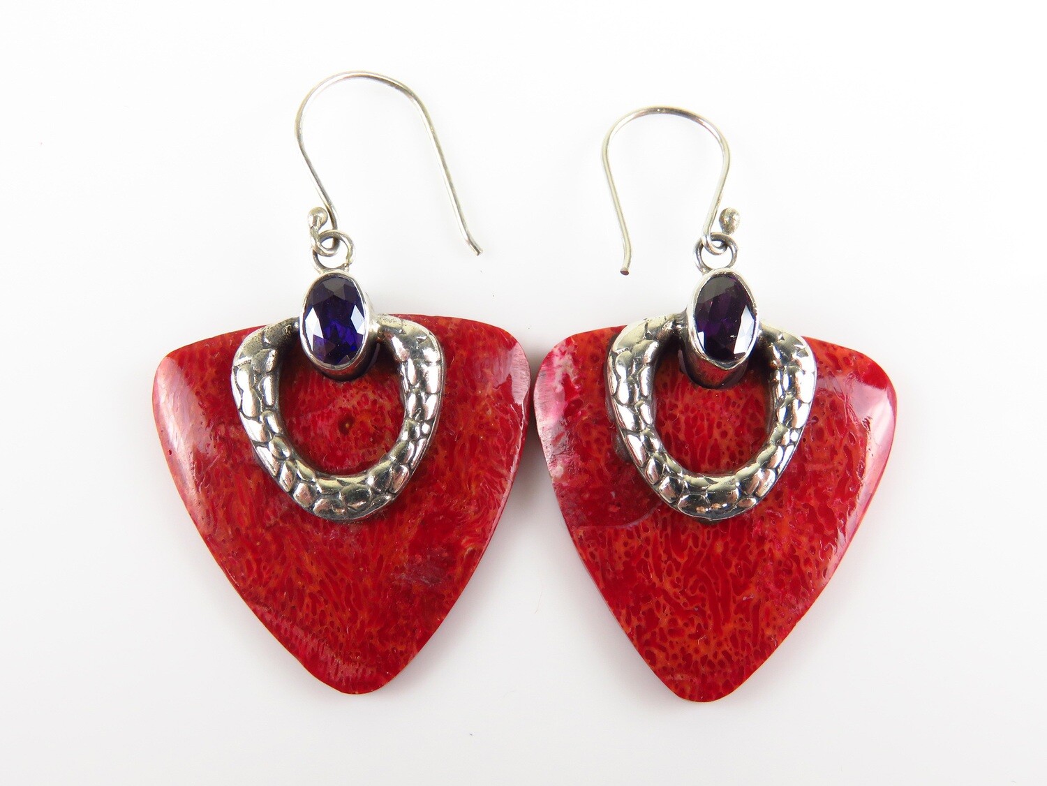 Sterling SIlver, Red Coral, Amethyst, Gemstone Earrings
