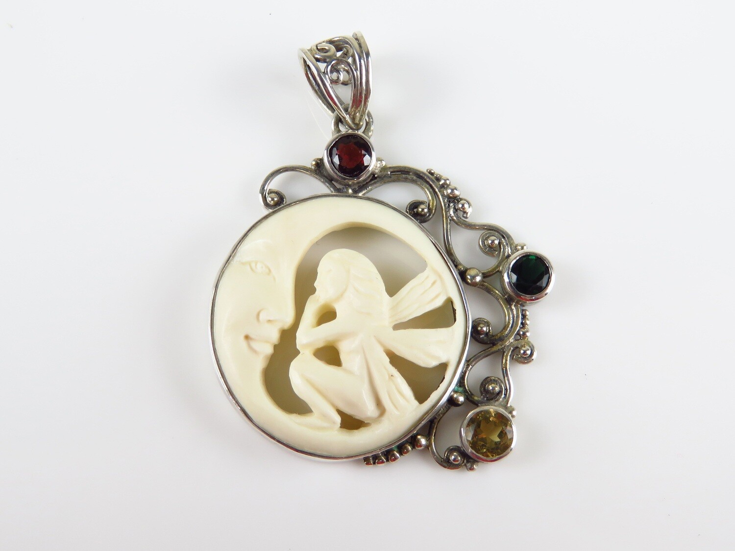 Sterling Silver, Mixed Gemstone, Fairy and Half Moon Pendant