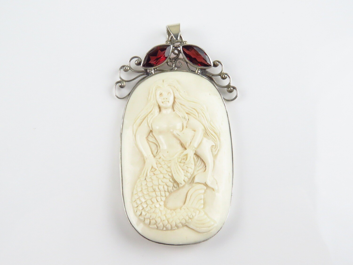 Sterling Silver, Carved Bone, Garnet Gemstone, Mermaid Pendant