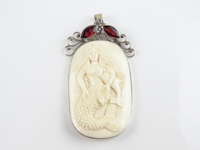 Sterling Silver, Carved Bone, Garnet Gemstone, Mermaid Pendant