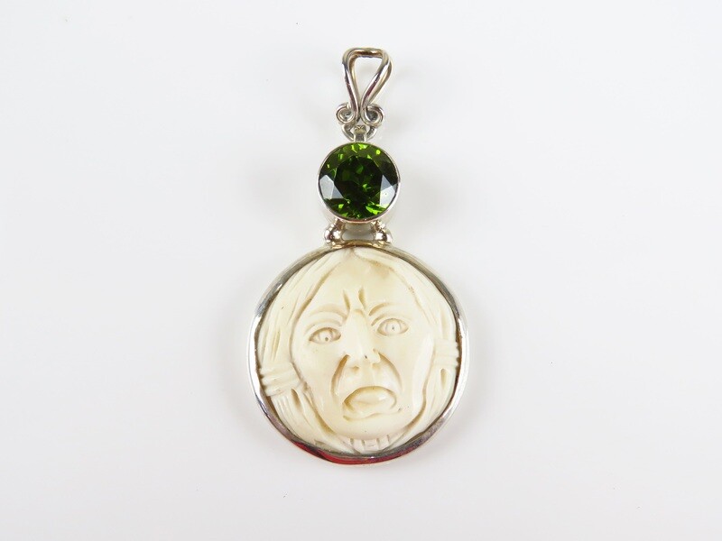 Sterling Silver, Carved Bone, Peridot Gemstone, Face Pendant