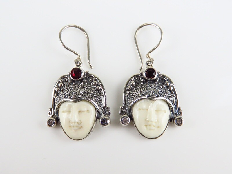 Sterling Silver, Carved Face, Garnet, Goddess Earrings
