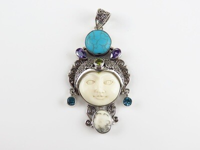 Sterling Silver, Mixed Gemstone, Carved Face, Goddess Pendant