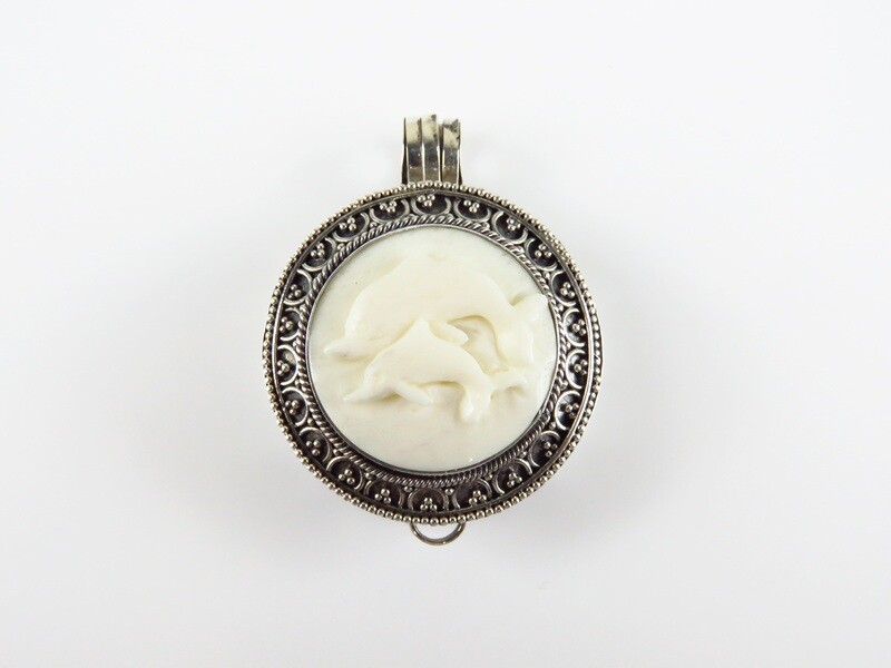 Sterling Silver, Carved Bone, Dolphin, Locket Pendant