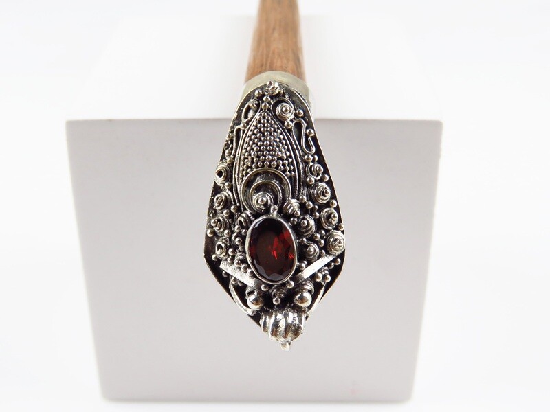 Sterling Silver, Garnet, Wood Hair Stick