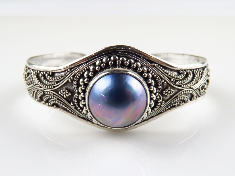 Sterling Silver, Mabe Pearl, Bali Filigree, Cuff Bangle