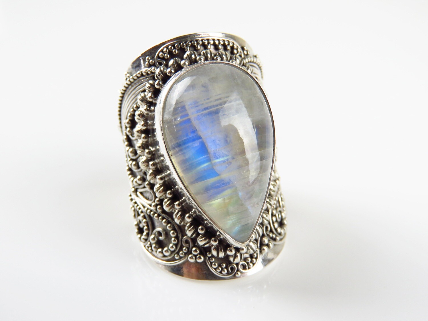 Sterling Silver, Rainbow Moonstone, Wide Band, Gemstone Ring