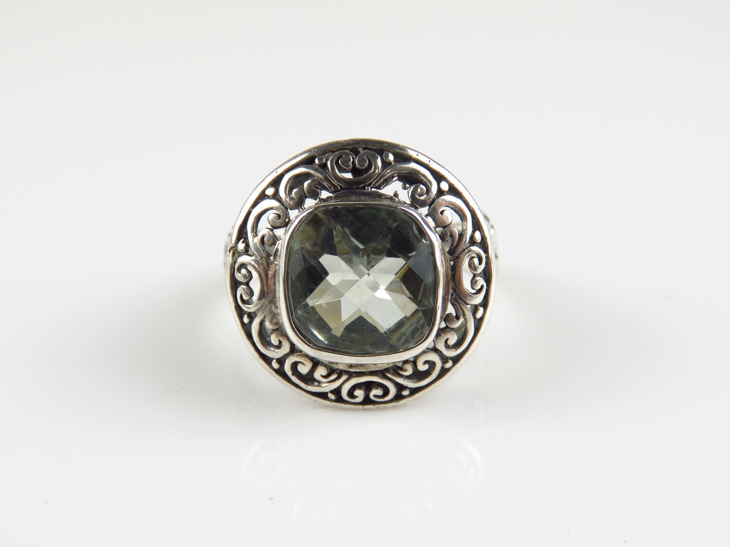 Sterling Silver, Green Quartz, Flower Motif, Gemstone Ring