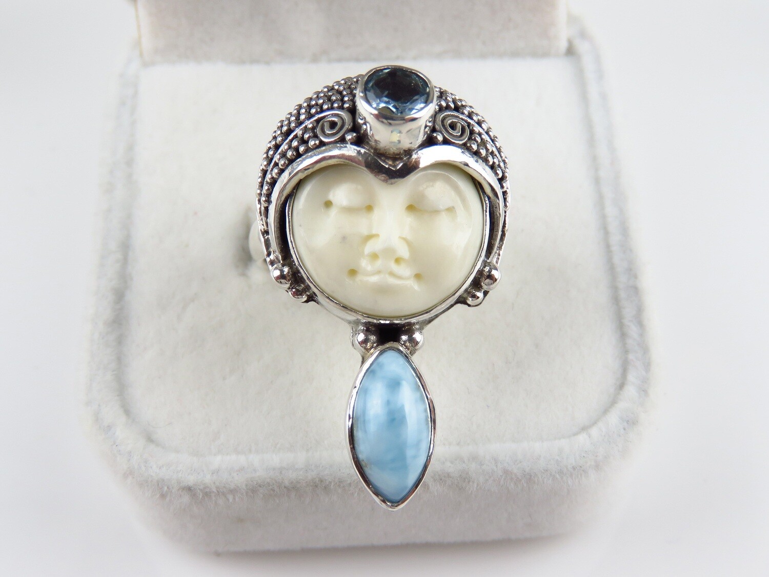 Sterling Silver, Mixed Gemstone, Carved Face, Bali Goddess Ring 