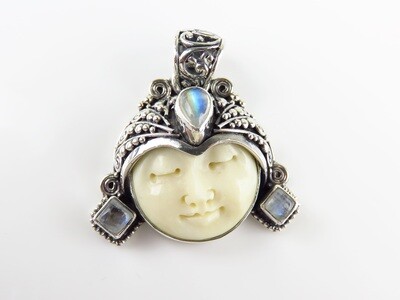 Sterling Silver, Rainbow Moonstone, Carved Face, Goddess Pendant