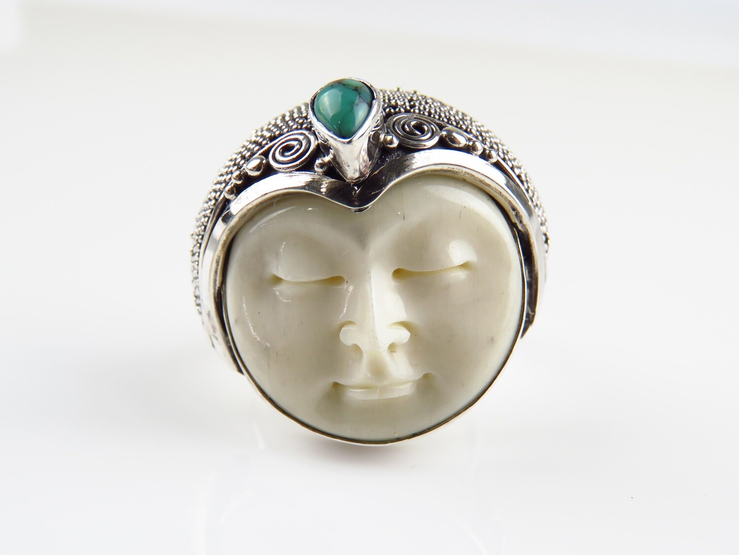 Sterling Silver, Carved Face, Turquoise Gemstone, Goddess Ring