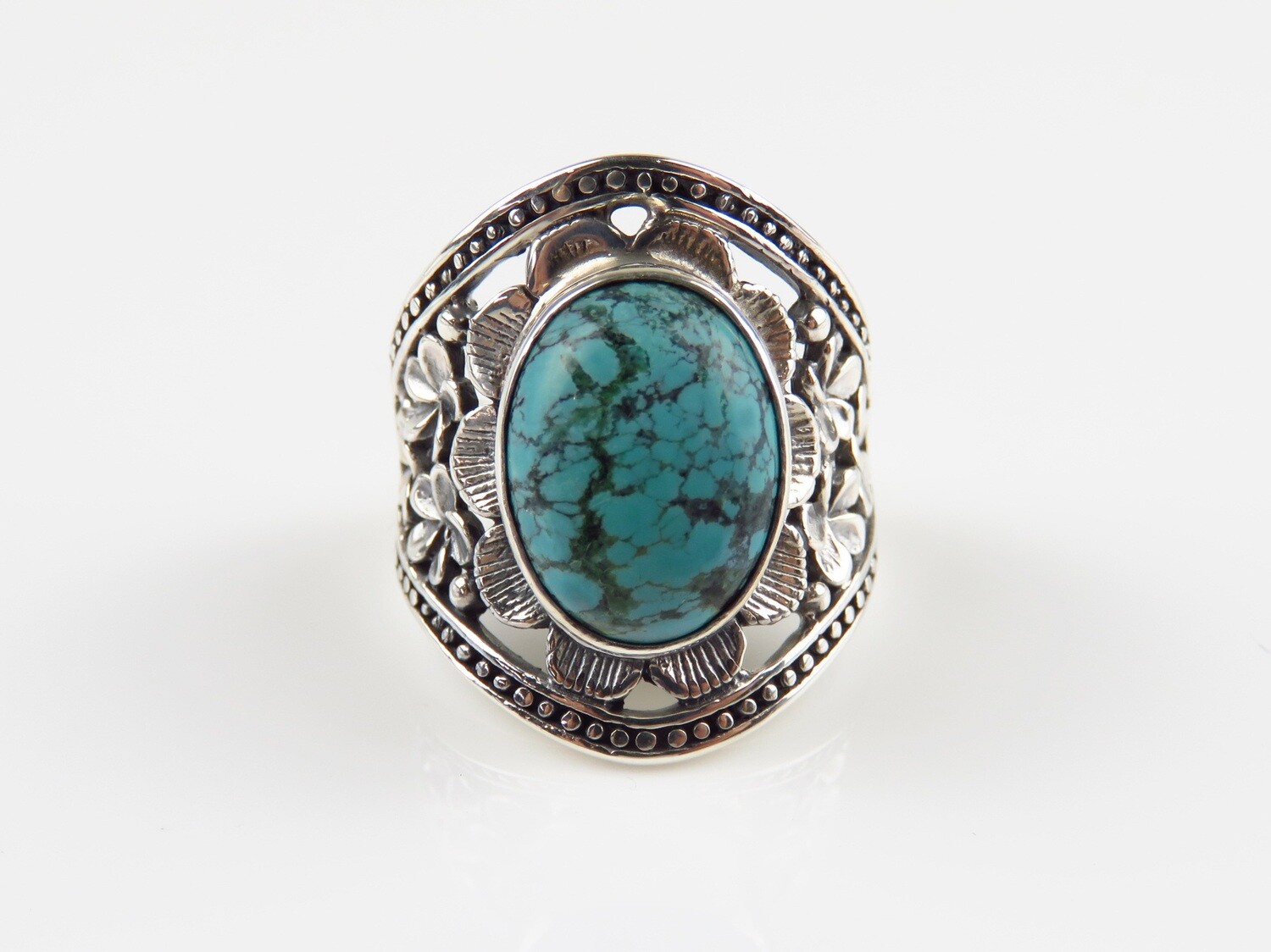 Sterling Silver, Flower Motif, Turquoise Gemstone Ring RI-1075