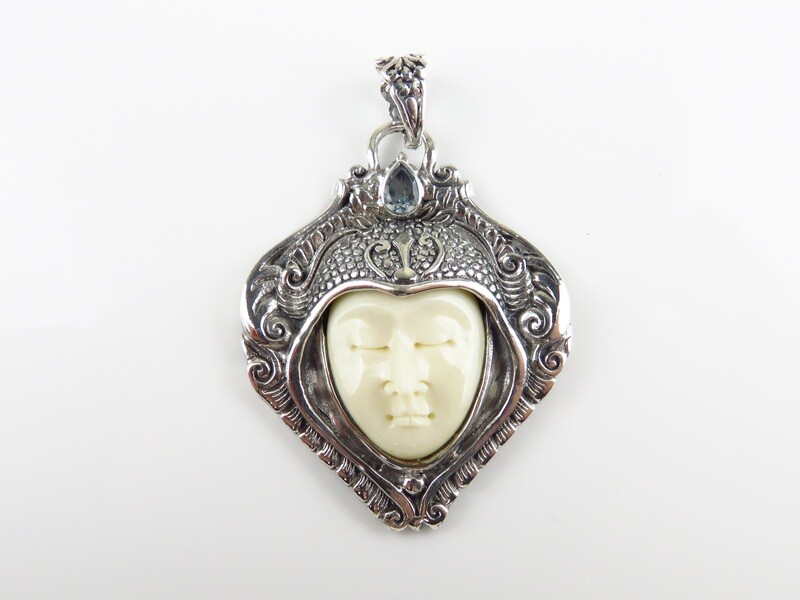 Sterling Silver, Blue Topaz, Carved Face, Goddess Pendant GJ-133