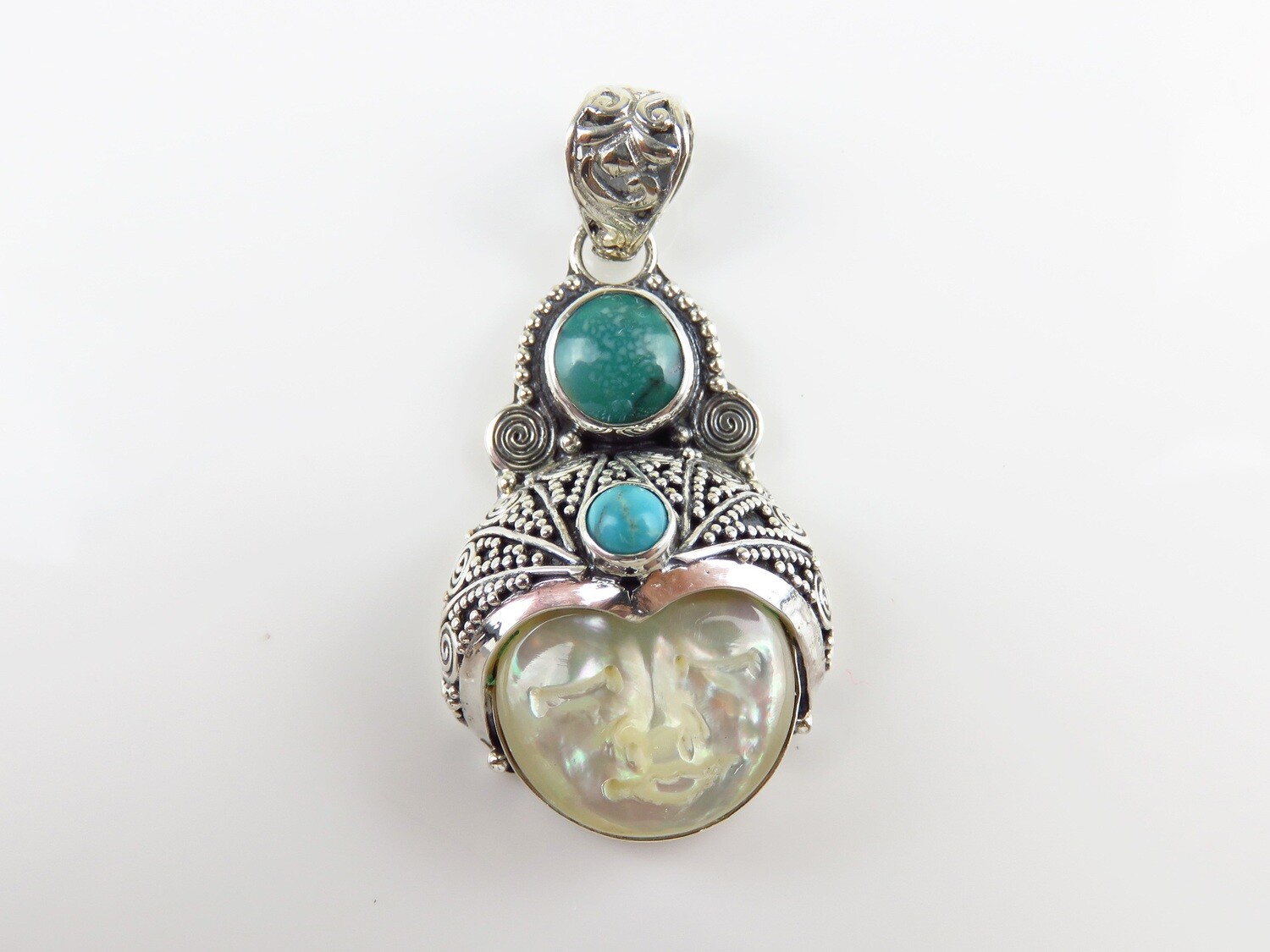 Sterling Silver, Carved Face, Turquoise, Goddess Pendant 