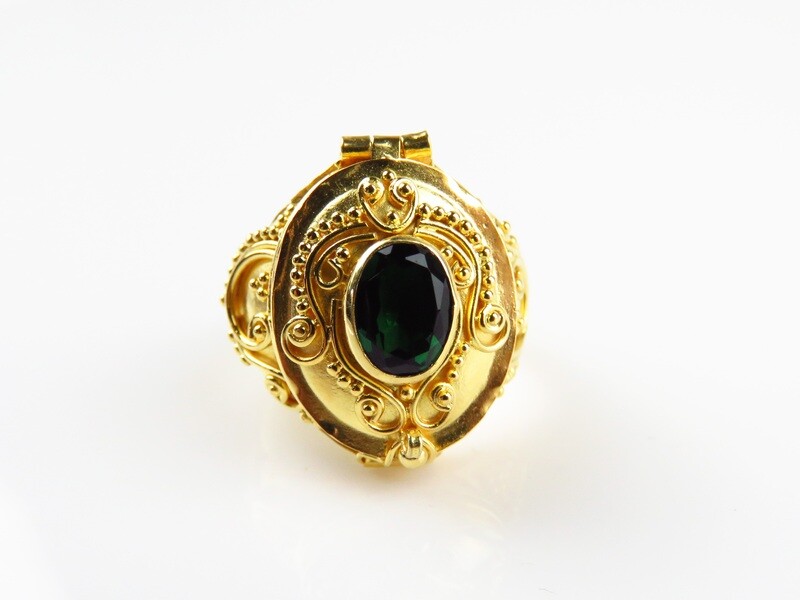 Sterling Silver, Green Quartz, 18k Gold Plated, Locket Ring GPR- 226