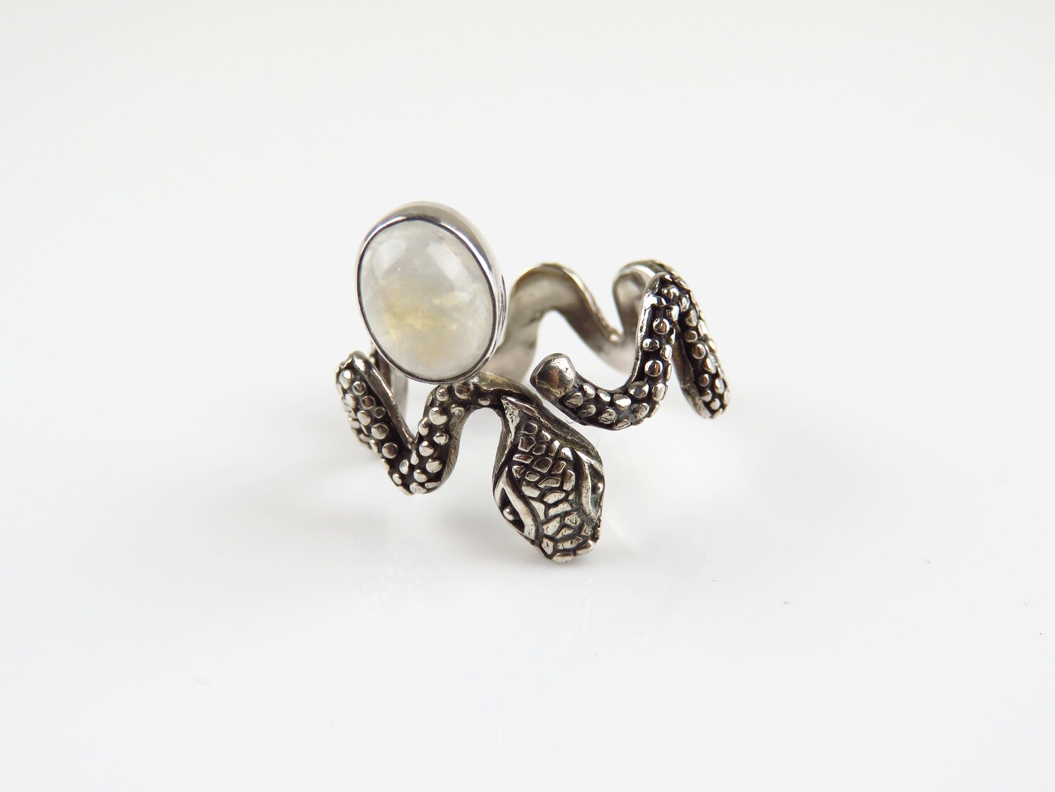 Sterling Silver, Rainbow Moonstone, Snake Design, Gemstone Ring RI-1080