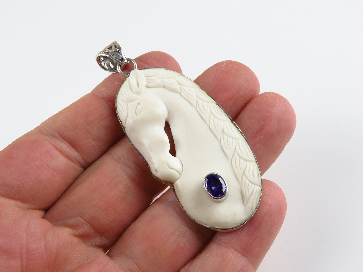 Sterling Silver, Amethyst, Carved Ox Bone, Horse Pendant BP-122
